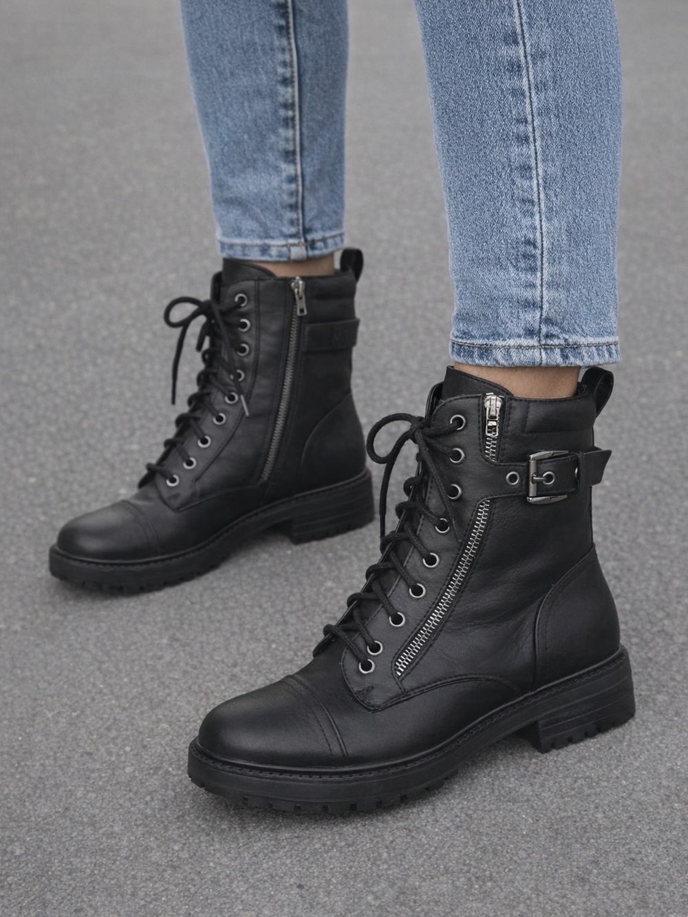 GBG Los Angeles Black Lace-Up Combat Boots with Side Zip & Buckle